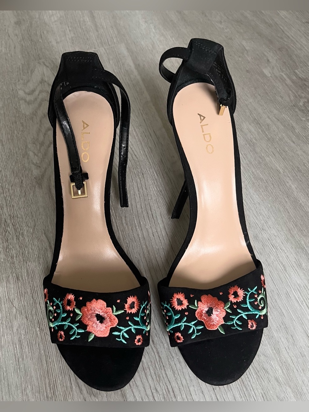 ALDO Black Embroidered Floral Ankle-Strap Heels with Coral Accents